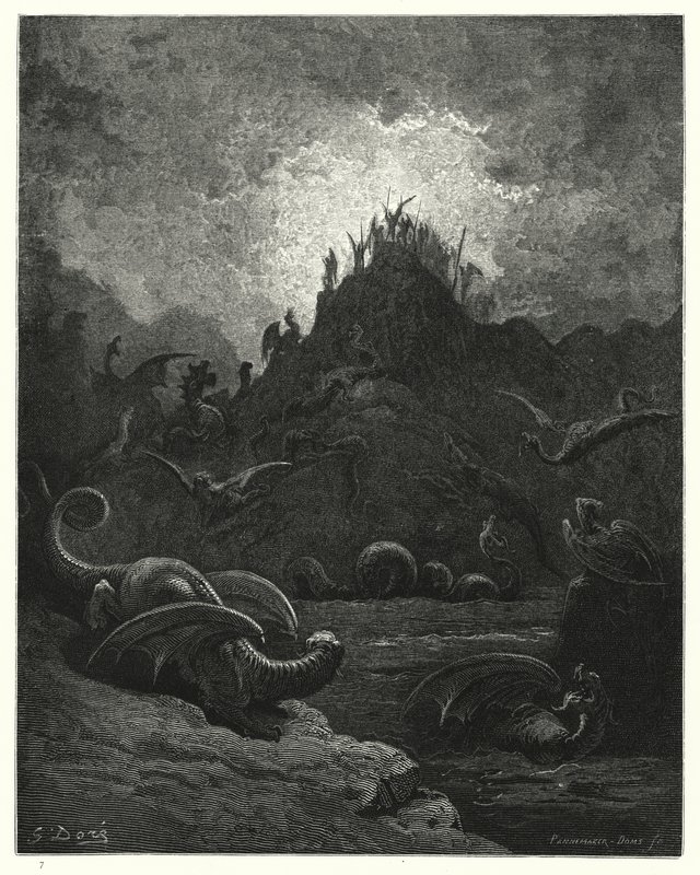 Illustration av Gustave Dore för Miltons Paradise Lost, bok II, rad 628 av Gustave Dore