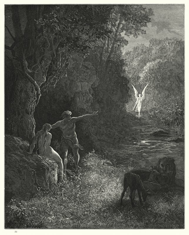 Illustration av Gustave Dore för Miltons Paradise Lost, bok V, rad 309, 310 av Gustave Dore