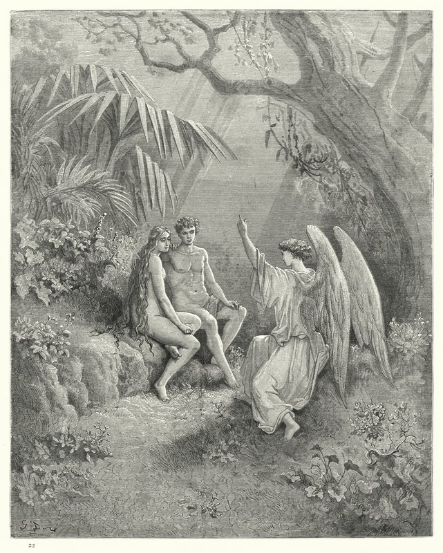 Illustration av Gustave Dore för Miltons Paradise Lost, bok V, rad 468-470 av Gustave Dore