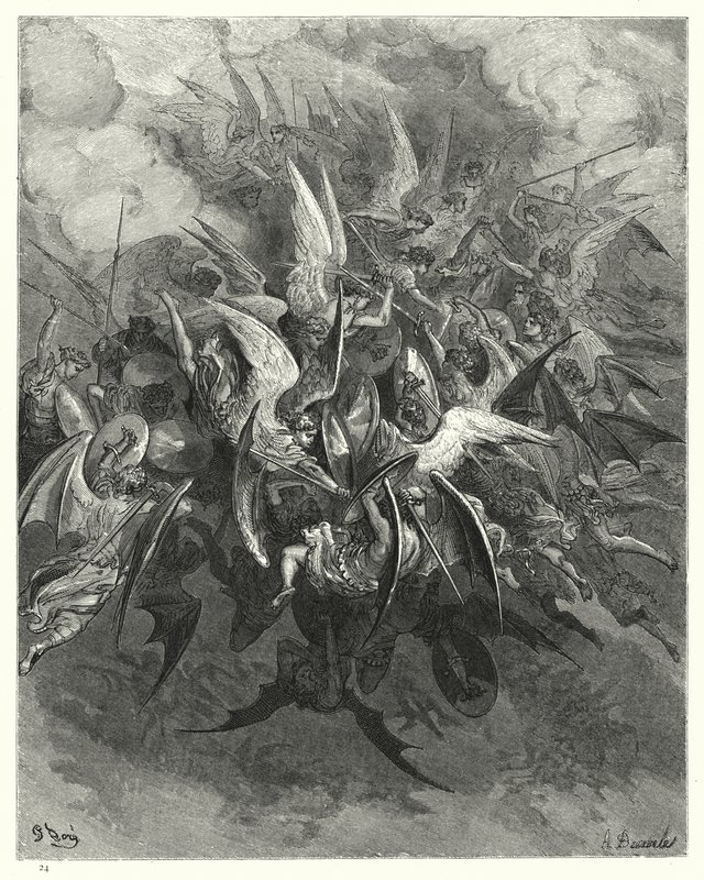 Illustration av Gustave Dore till Miltons Paradise Lost, bok VI, rad 207-209. av Gustave Dore