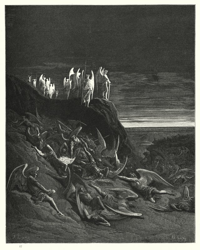 Illustration av Gustave Dore för Miltons Paradise Lost, bok VI, rad 410-412 av Gustave Dore