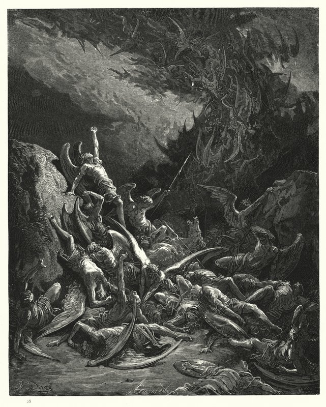 Illustration av Gustave Dore för Miltons Paradise Lost, bok VI, rad 871 av Gustave Dore