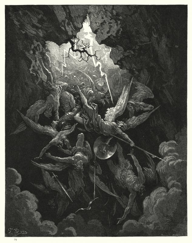Illustration av Gustave Dore för Miltons Paradise Lost, bok VI, raderna 874, 875 av Gustave Dore