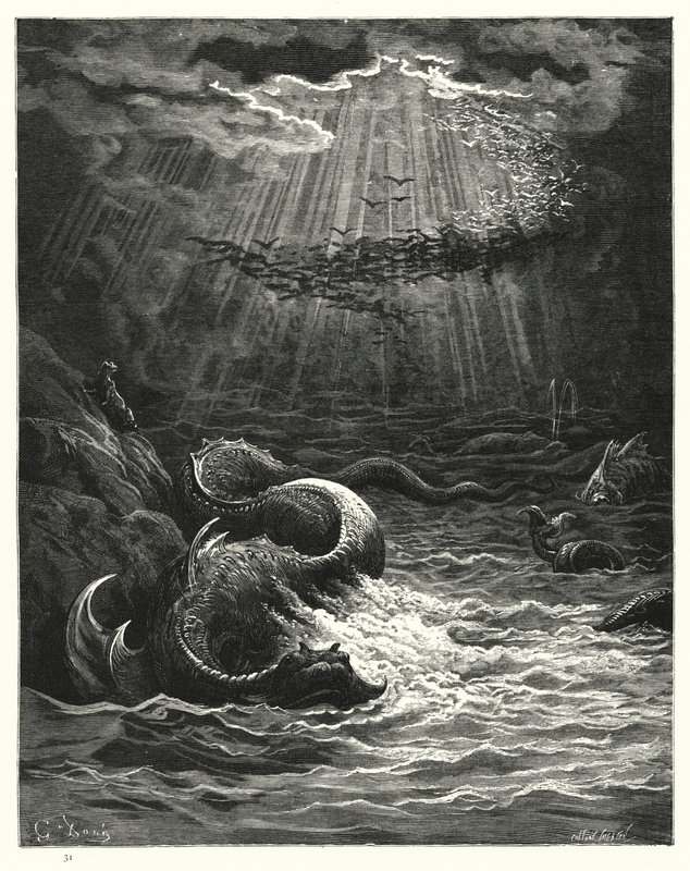 Illustration av Gustave Dore för Miltons Paradise Lost, bok VII, raderna 387-389 av Gustave Dore