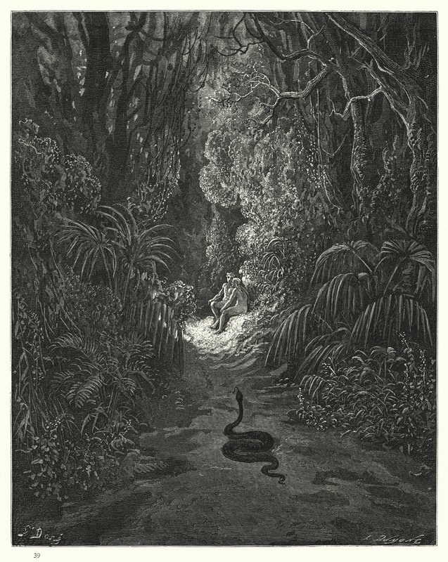 Illustration av Gustave Dore för Miltons Paradise Lost, bok IX, rad 434, 435 av Gustave Dore