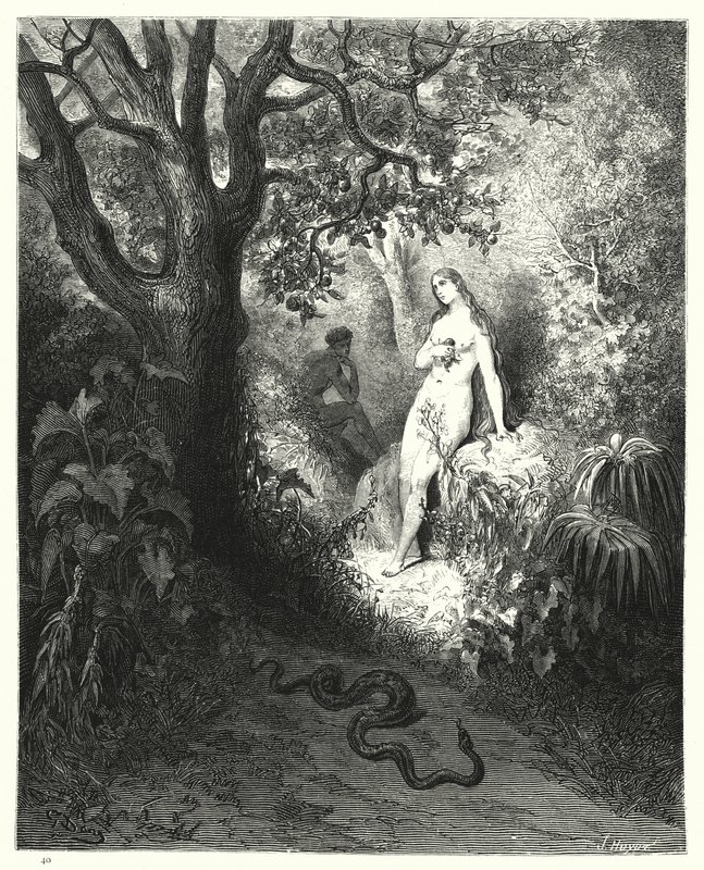Illustration av Gustave Dore för Miltons Paradise Lost, bok IX, raderna 784, 785 av Gustave Dore