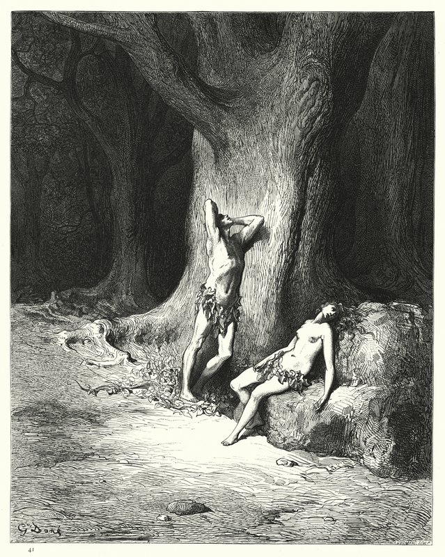 Illustration av Gustave Dore för Miltons Paradise Lost, bok IX, rad 1121-1123 av Gustave Dore