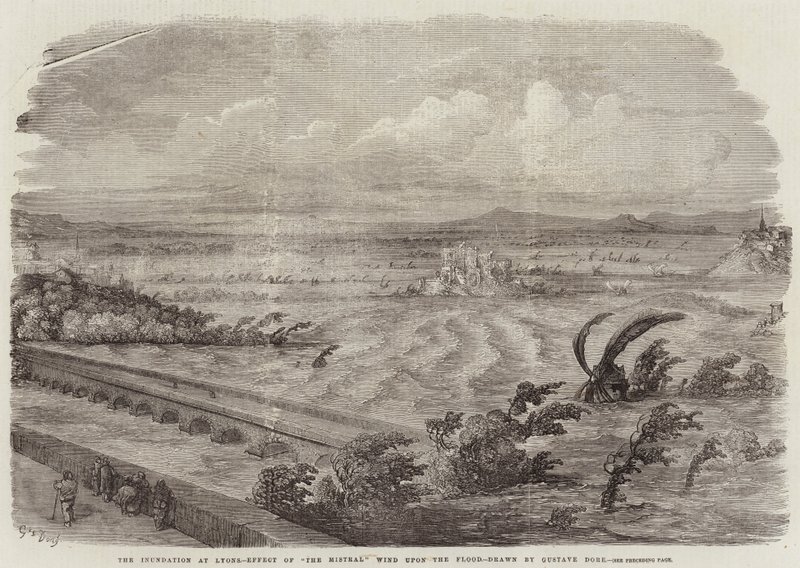 Översvämningen i Lyon, effekten av mistralvinden på översvämningen av Gustave Dore