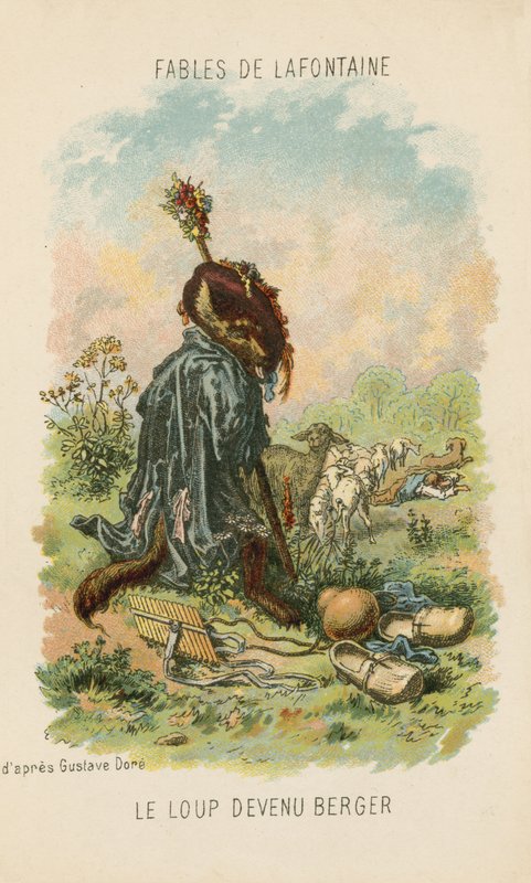 Vargen som spelade herde (chromolitho) av Gustave Dore