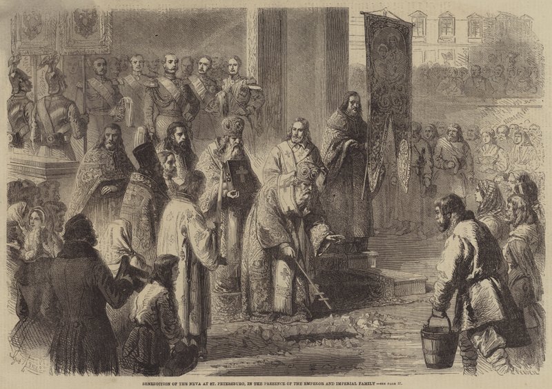 Välsignelse av Neva i St Petersburg, i närvaro av kejsaren och den kejserliga familjen av Gustave Janet