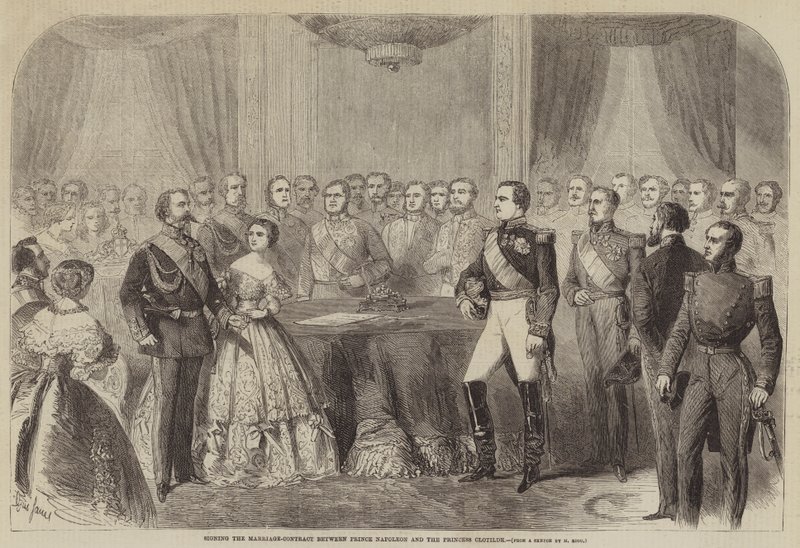 Undertecknande av äktenskapskontraktet mellan prins Napoleon och prinsessan Clotilde av Gustave Janet