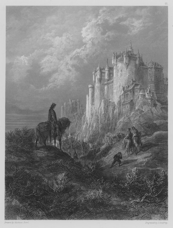 Edyrn med sin dam och sin dvärg reser till Arthurs Court. av Gustave after Dore