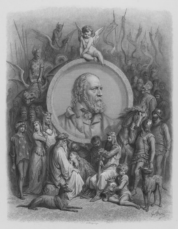 Frontispice, porträtt av Tennyson och karaktärer från Idyllerna av Gustave after Dore