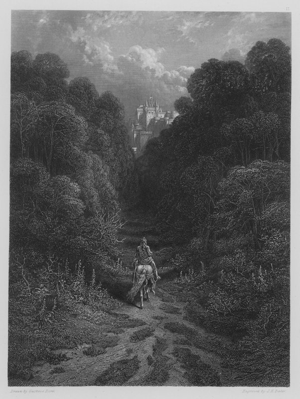 Lancelot närmar sig slottet Astolat av Gustave after Dore