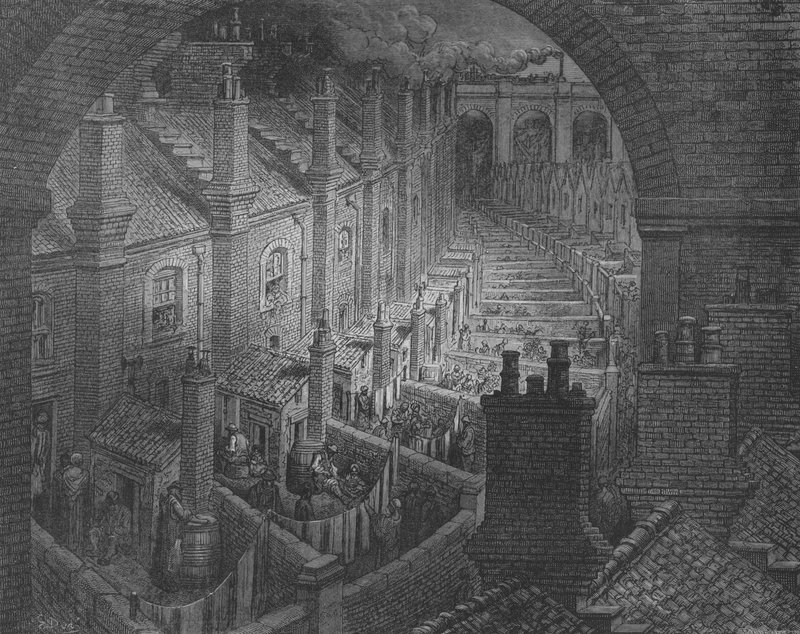 London, vy från järnvägen över taken av Gustave after Dore