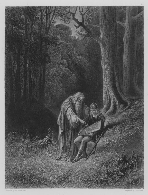 Merlin målar de unga riddarnas sköld av Gustave after Dore