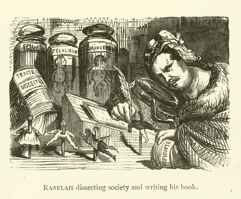 Rabelais dissekerar samhället och skriver sin bok av Gustave after Dore