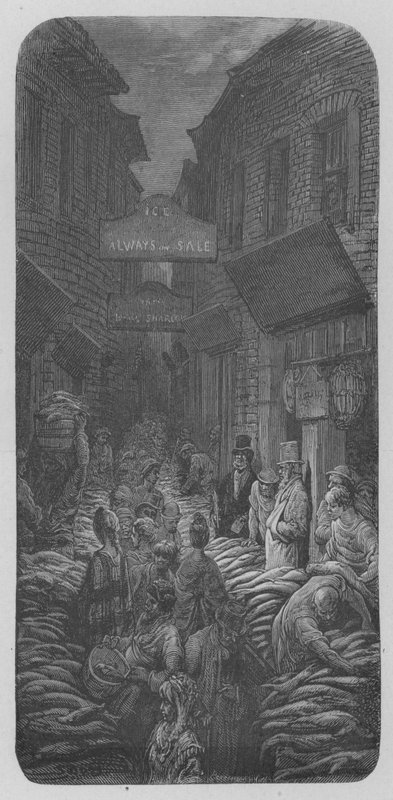 En fiskhandlare i La Cite av Gustave after Dore
