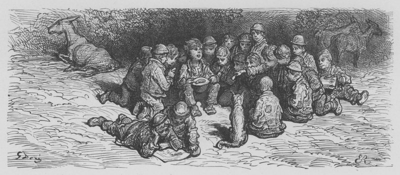 En höna mellan barn, Derbydagen av Gustave after Dore