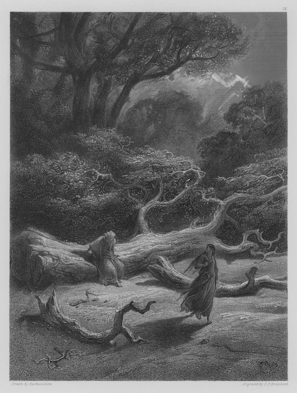 Vivien omsluter Merlin i trädet av Gustave after Dore