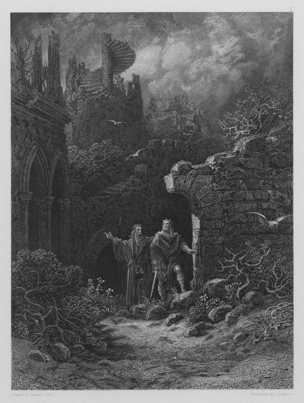 Yniol visar prins Geraint sitt förstörda slott av Gustave after Dore