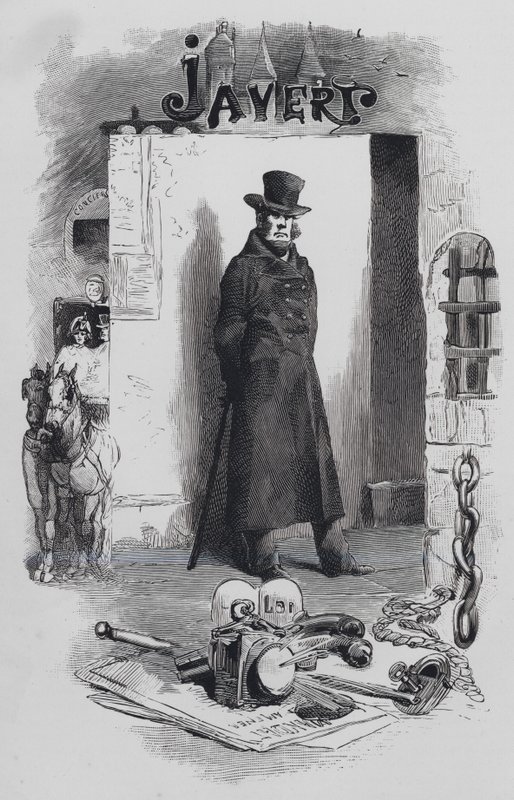 Scene fra Les Miserables, af Victor Hugo: Javert, detektiven (graverings)svensker av Gustave (after) Brion