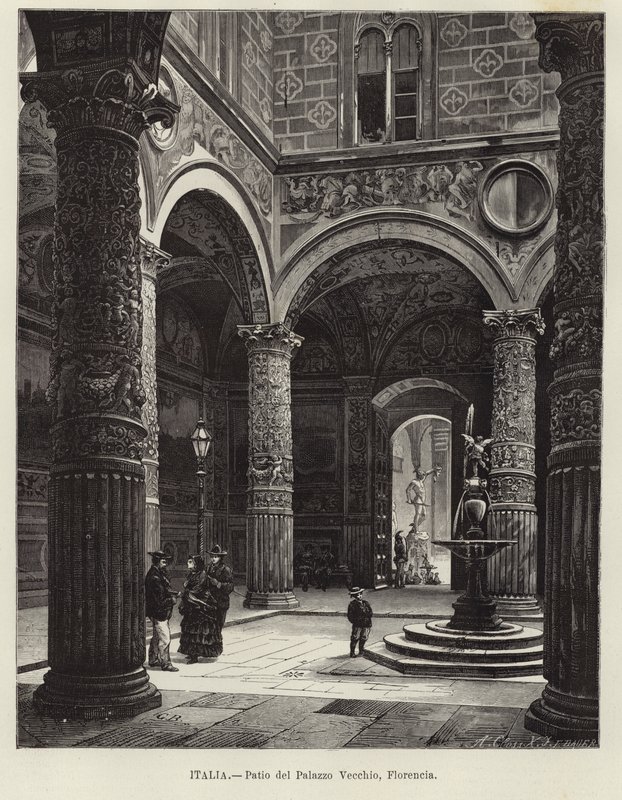 Italien - Gården till Palazzo Vecchio, Florens av Gustave Bauernfeind