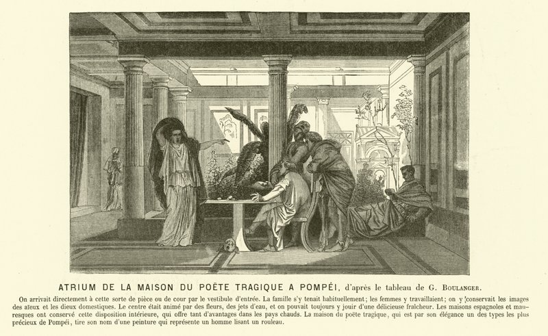 Atrium av det antika romerska huset för den tragiska poeten, Pompeji (gravyr) av Gustave Clarence Rodolphe Boulanger