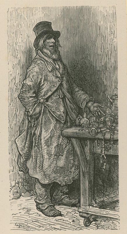 En man står och säljer sina varor från ett marknadsstånd av Gustave Dore
