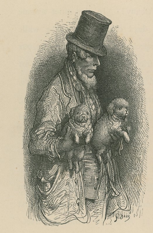 En man som bär en hatt medan han håller två hundar i sina händer av Gustave Dore
