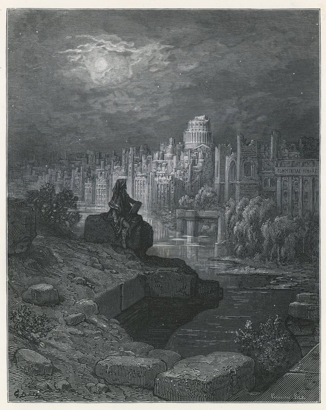 En resenär från Nya Zeeland som betraktar Londons ruiner av Gustave Dore