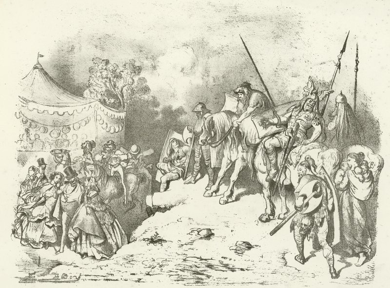 En forntida britt som överväger sina ättlingars dräkt (gravyr) av Gustave Dore