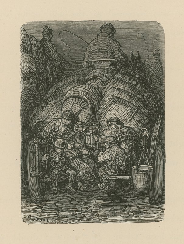 Barn som sitter på baksidan av en bryggerileveransvagn av Gustave Dore