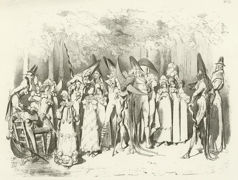Mode under The Directory 1798. The Incroyables (gravyr) av Gustave Dore