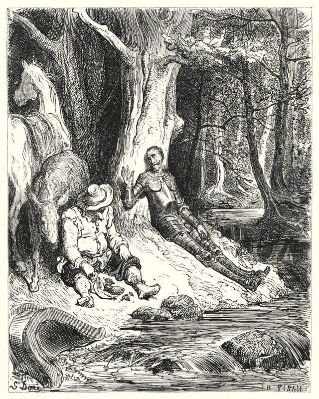 Gustave Dores Don Quijote: "En klar fontän, som Don Quijote och Sancho hittade bland några grönskande träd, tjänade till att fräscha upp dem" (gravyr) av Gustave Dore