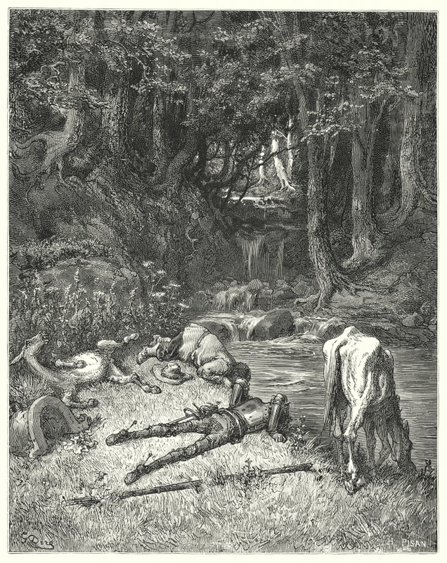 Gustave Dores Don Quijote: "En äng, vattnad med en bäck, bjöd dem att stiga av" (gravyr) av Gustave Dore