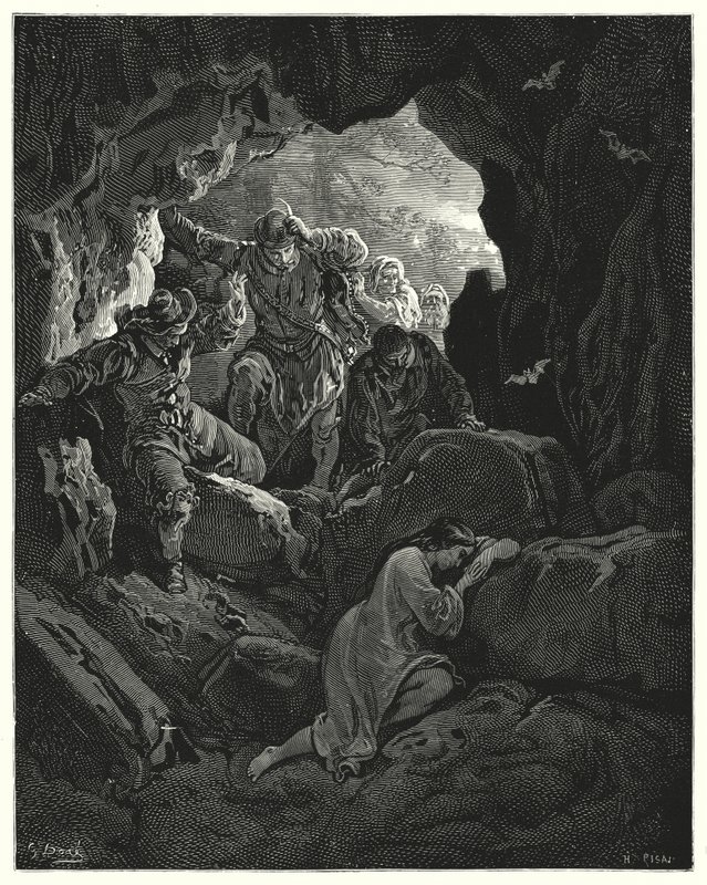 Gustave Dores Don Quijote: "En fest med officerare skickas ut ... som hittar den stackars förtjusta Leandra i en grotta i ett av bergen" (gravyr) av Gustave Dore