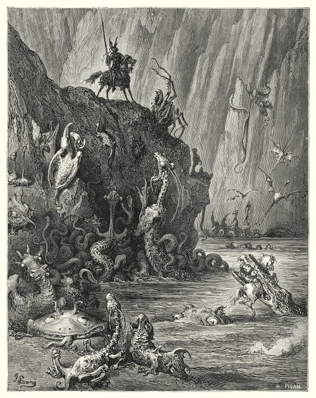 Gustave Dores Don Quijote: "En vidsträckt sjö av kokande beck, i vilken en oändlig mängd våldsamma och fruktansvärda varelser färdas fram och tillbaka" (gravyr) av Gustave Dore