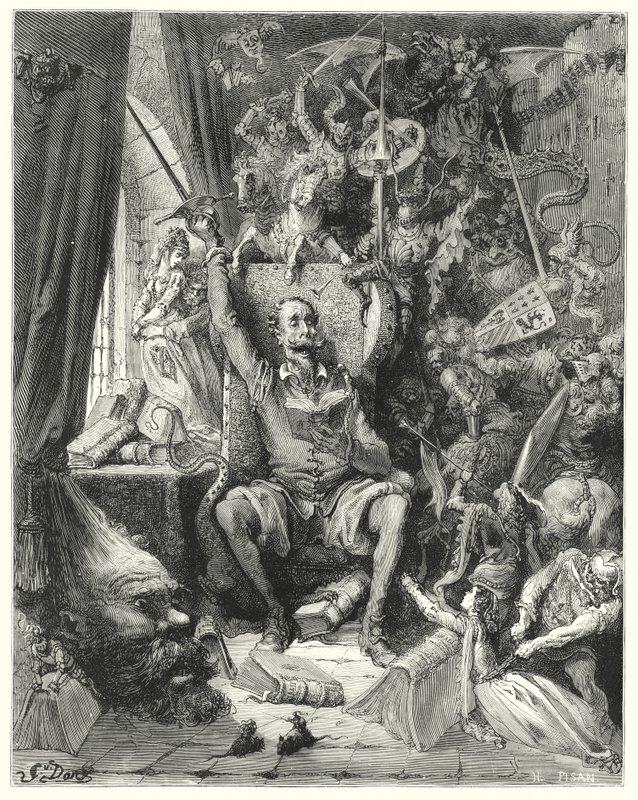 Gustave Dores Don Quijote: "En värld av oordnade föreställningar, plockade ur hans böcker, trängda i hans fantasi" (gravyr) av Gustave Dore