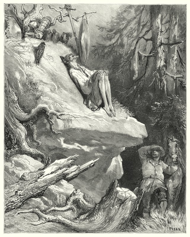 Gustave Dores Don Quijote: "Ack!" svarade Sancho, "Jag hittade honom i sin skjorta, mager, blek och nästan svältande, suckande efter sin Lady Dulcinea" (gravyr) av Gustave Dore