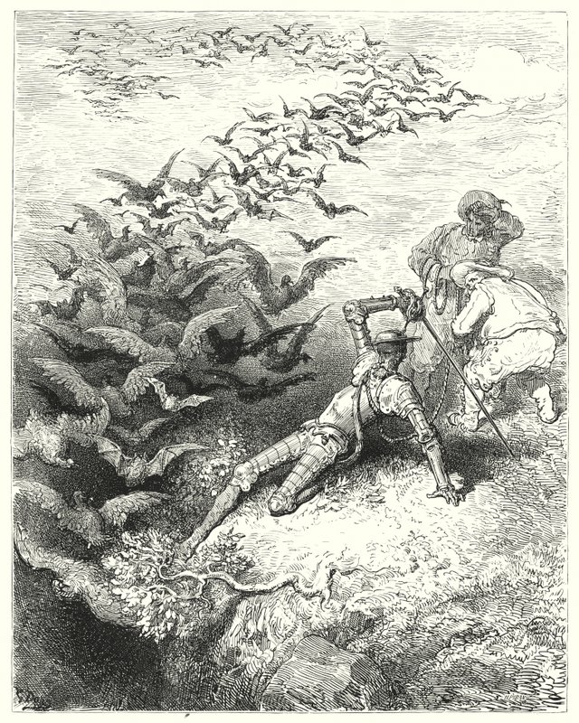 Gustave Dores Don Quijote: "Ett oändligt antal övervuxna kråkor och daws kom rusande och fladdrande ut ur grottan" (gravyr) av Gustave Dore