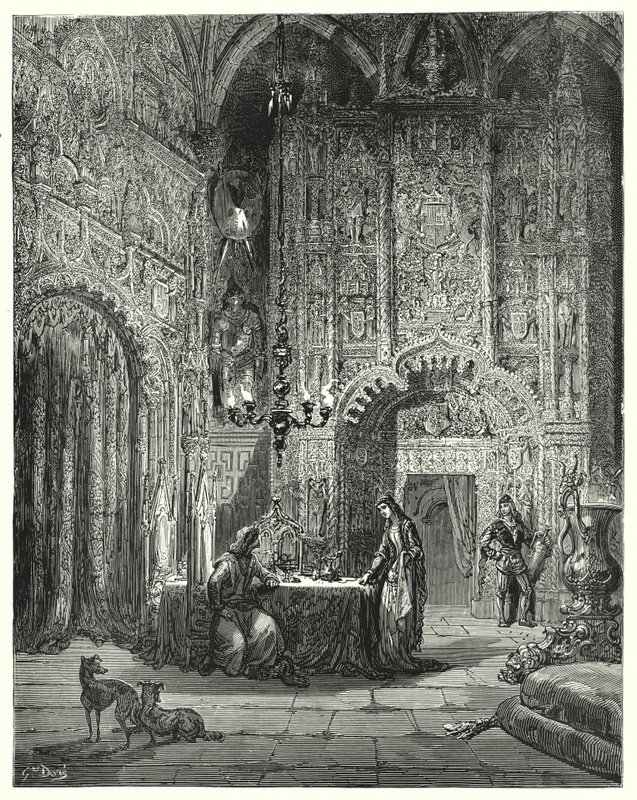 Gustave Dores Don Quijote: "En annan flicka kommer in i rummet och börjar informera honom om vilket slott det är och hur hon är förtrollad i det" (gravyr) av Gustave Dore