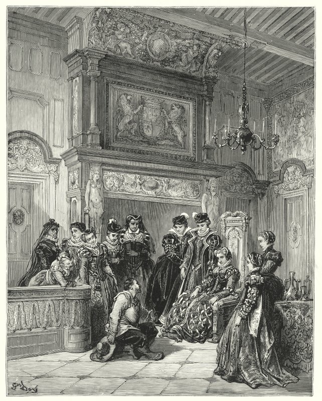 Gustave Dores Don Quijote: "På hertiginnans begäran berättade han mycket troget hela passagen av den sena låtsades förtrollning" (gravyr) av Gustave Dore