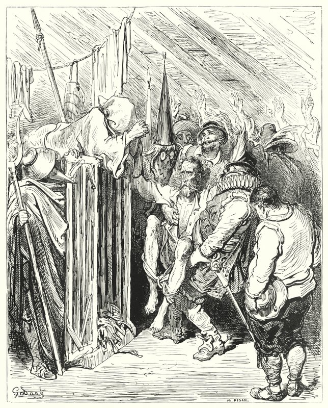 Gustave Dores Don Quijote: "Var inte otålig, o riddare av den fula gestalten, vid ditt fängelse" (gravyr) av Gustave Dore