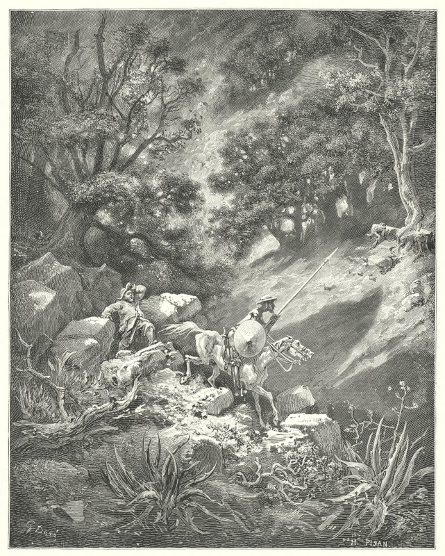 Gustave Dores Don Quijote: "Men be, herre," citerar Sancho, "är det en god ridderlighetslag som säger att vi ska vandra upp och ner, över buskar och tärnar, i denna steniga vildmark?" (gravyr) av Gustave Dore