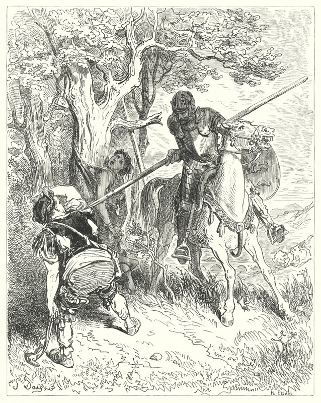 Gustave Dores Don Quijote: "Vid solen som skiner, jag har ett gott sinne att köra dig genom kroppen med min lans" (gravyr) av Gustave Dore