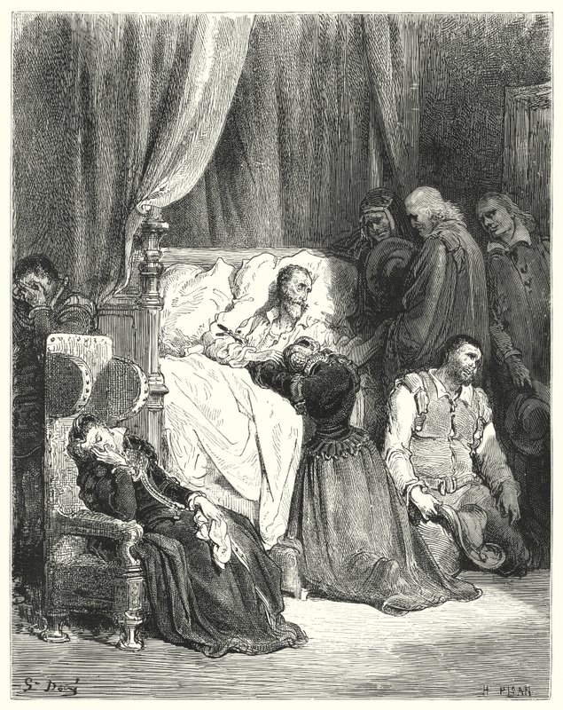 Gustave Dores Don Quijote: Don Quijotes död (gravyr) av Gustave Dore