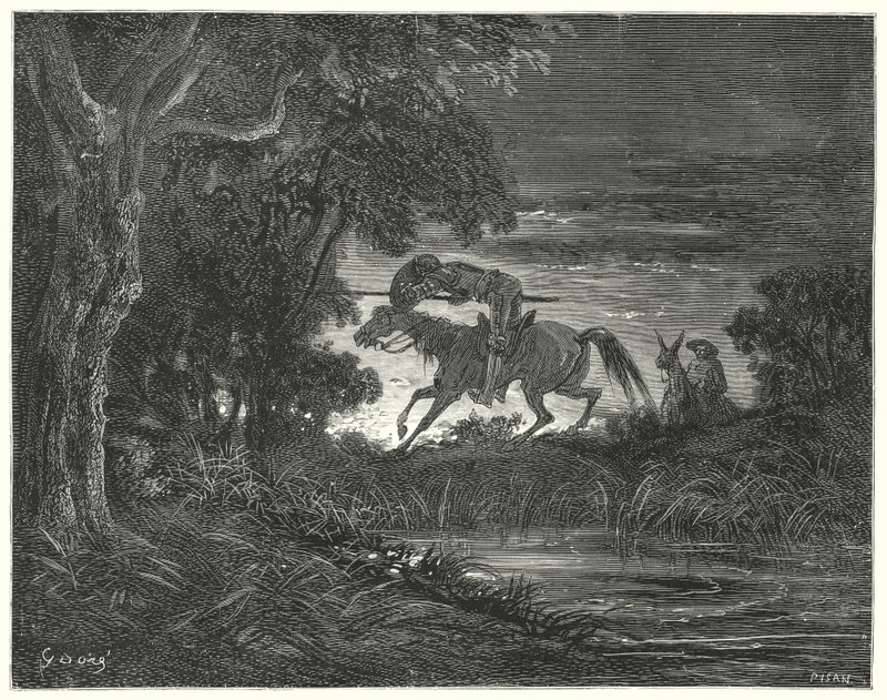 Gustave Dores Don Quijote: "Don Quijote, ackompanjerad av sitt orädda hjärta, hoppade på Rozinante" (gravyr) av Gustave Dore