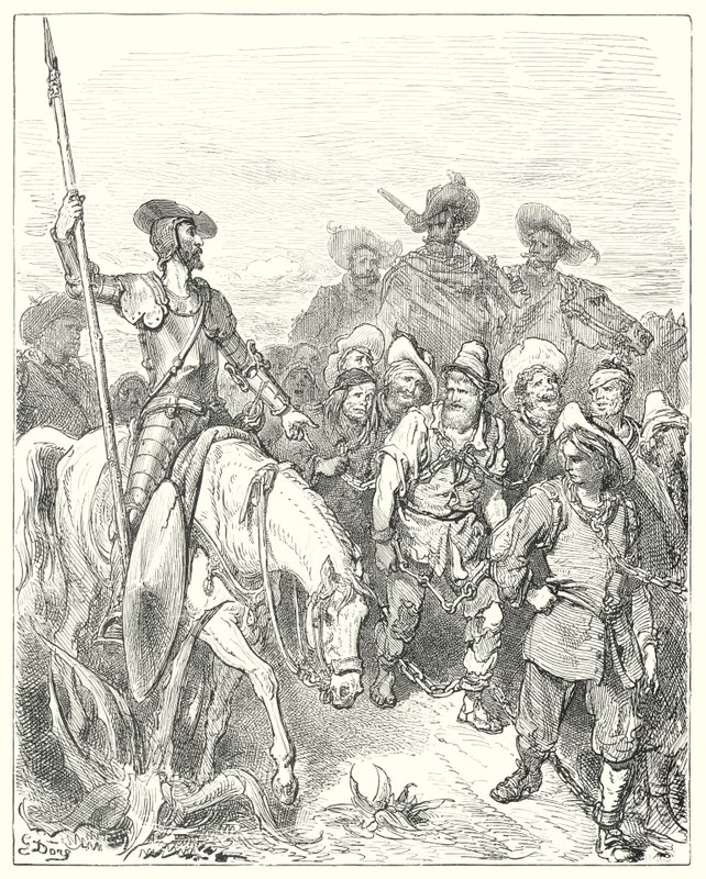 Gustave Dores Don Quijote: "Don Quijote frågade den förste för vilka brott han var under dessa eländiga omständigheter" (gravyr) av Gustave Dore