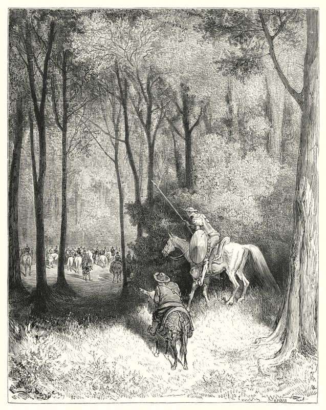 Gustave Dores Don Quijote: "Don Quijote beskrev ett sällskap, som han vid en närmare uppfattning bedömde vara personer av kvalitet" (gravyr) av Gustave Dore